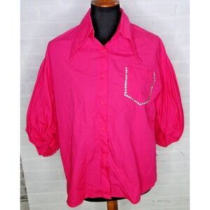 Beulah Style Women Pink Puff‎ Sleeve Button-Down Shirt Sz. Small Rhinestones New